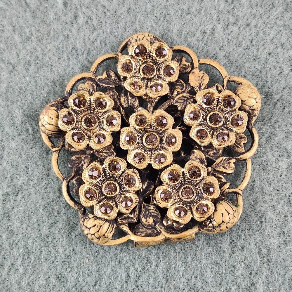Vintage Gold Tone Floral Filigree Rhinestone Slide Scarf‎ Pendant Dress Ornament